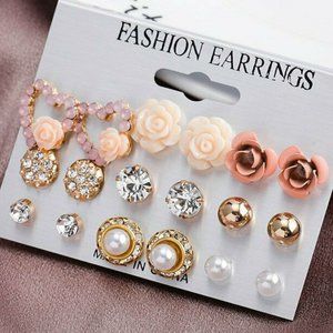 9 Pairs/Set Women Crystal Pearl Flower Earrings